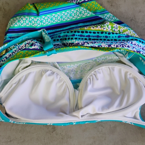 Lands End Tankini Swim Top Womens 10D Turquoise‎ Blue Striped Shelf Bra Support - Picture 4 of 9